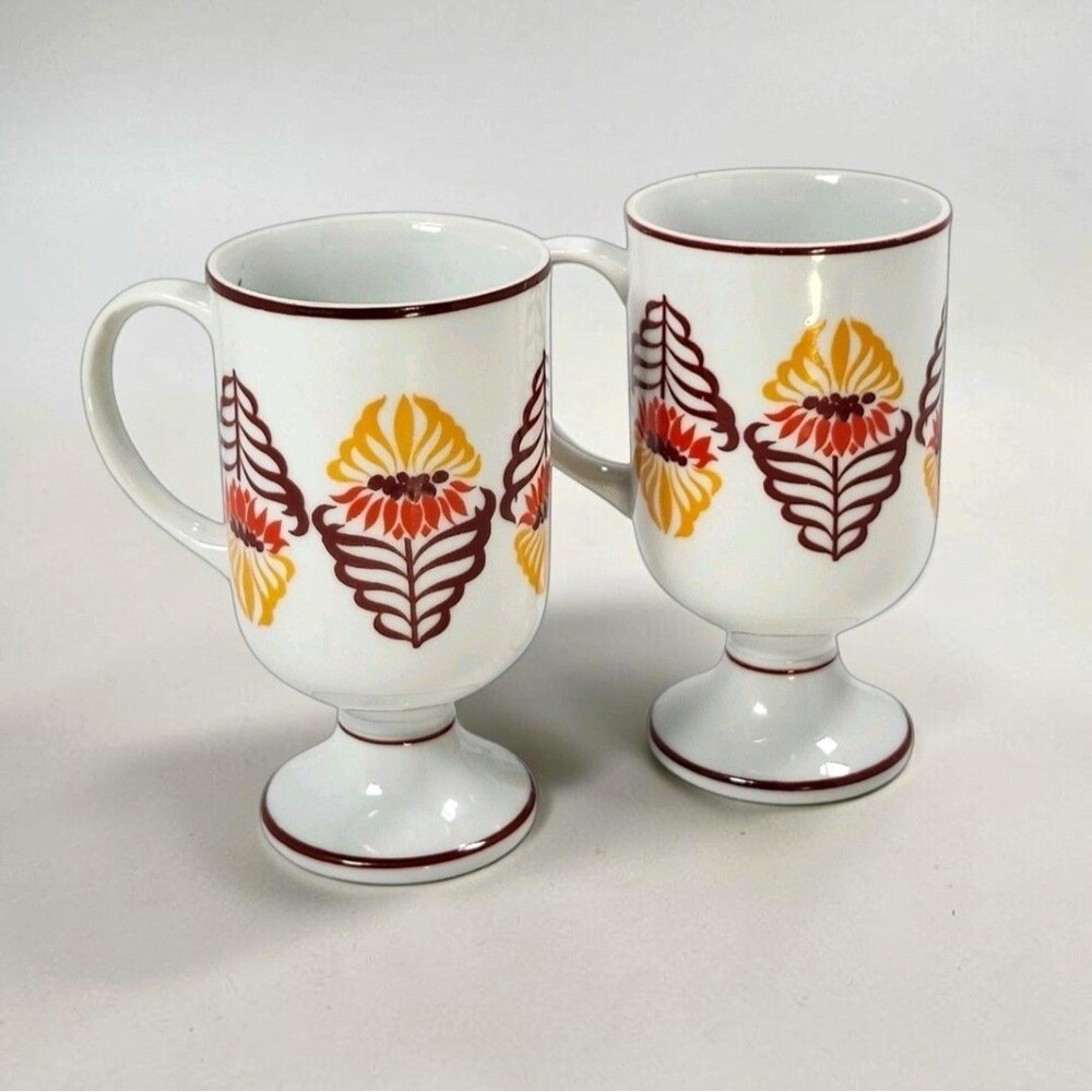 Vintage Holt Howard French Marigold Footed Mugs Set 2 MCM Pedestal Orange Brown